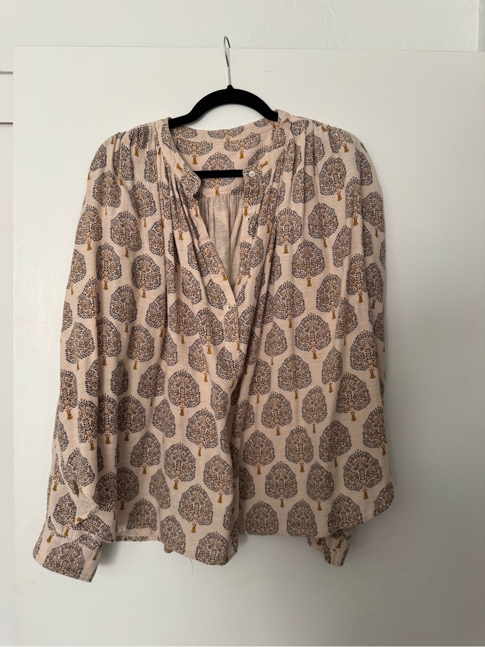 Matta Cream Printed Tree-Pattern Blouse with Gold Accents